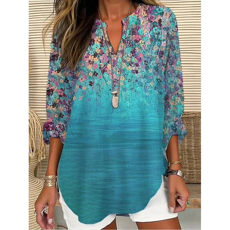 Women's Blouse Tunic V Neck Long Sleeve Boho Casual Graphic Geometric Color Block Elegant Bohemia Vintage Regular Tops Daily Wear Print Denim Blue Blue Sky Blue Green3
