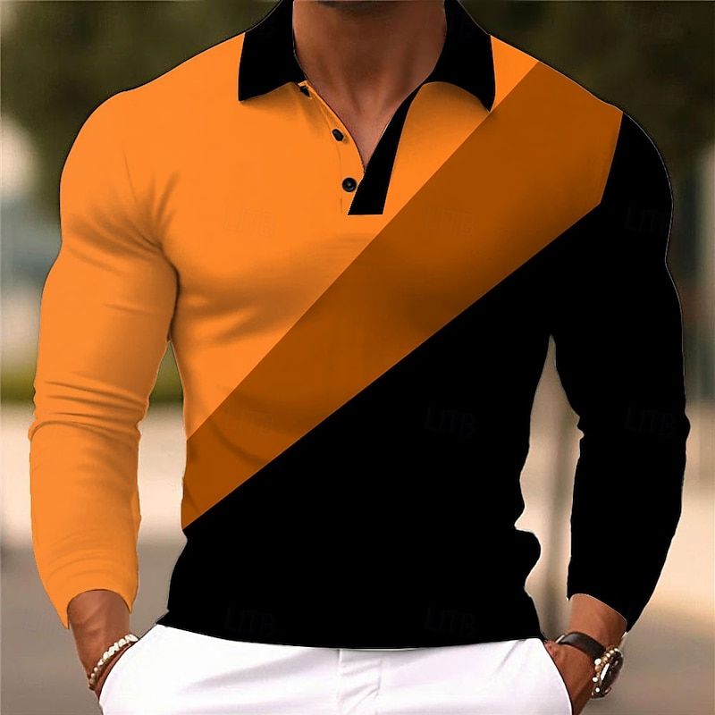 Men's Geometric Abstract Polo Long Sleeve Polo Shirts Lapel Casual Athleisure Daily Wear 3D Print Buttons Spring Fall Winter Blue Orange Green