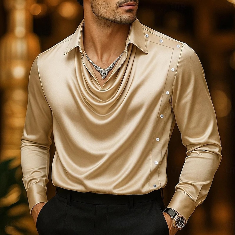 Men's Shirt Silk Like Satin Shirt Casual Shirt Plain Formal Wedding Black Wine Navy Blue Gold Long Sleeve Cowl Neck Spring &  Fall All Seasons Clothing Apparel Ruched2