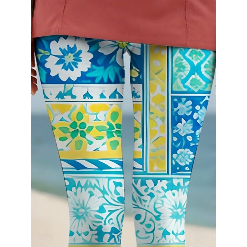 Women's Pants Trousers Leggings Ethnic Style Casual Full Length High Waist Floral Elastic Waist Print Breathability Comfortable Stretchy Vacation Street Daily Wear Royal Blue Blue Summer Spring Fall2