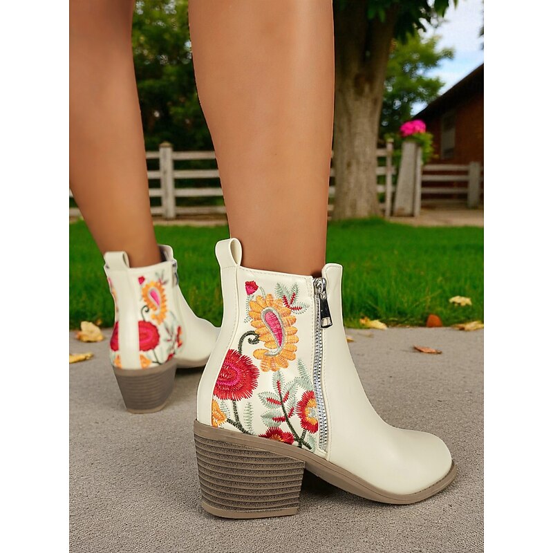 Women's Beige Embroidered Ankle Boots – Floral Zip-Up Booties with Chunky Heel for Garden Parties, Fall Festivals and Boho Looks4