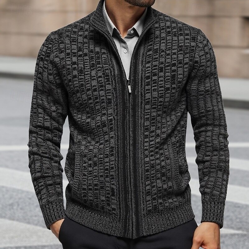 Men's Sweater Dress Sweater Cardigan Sweater Zip Sweater Knit Sweater Ribbed Knit Regular Tops Knitted Ribbed Geometric Stand Collar Fashion Shawls Casual Daily Wear Clothing Apparel Fall Winter - Main Image