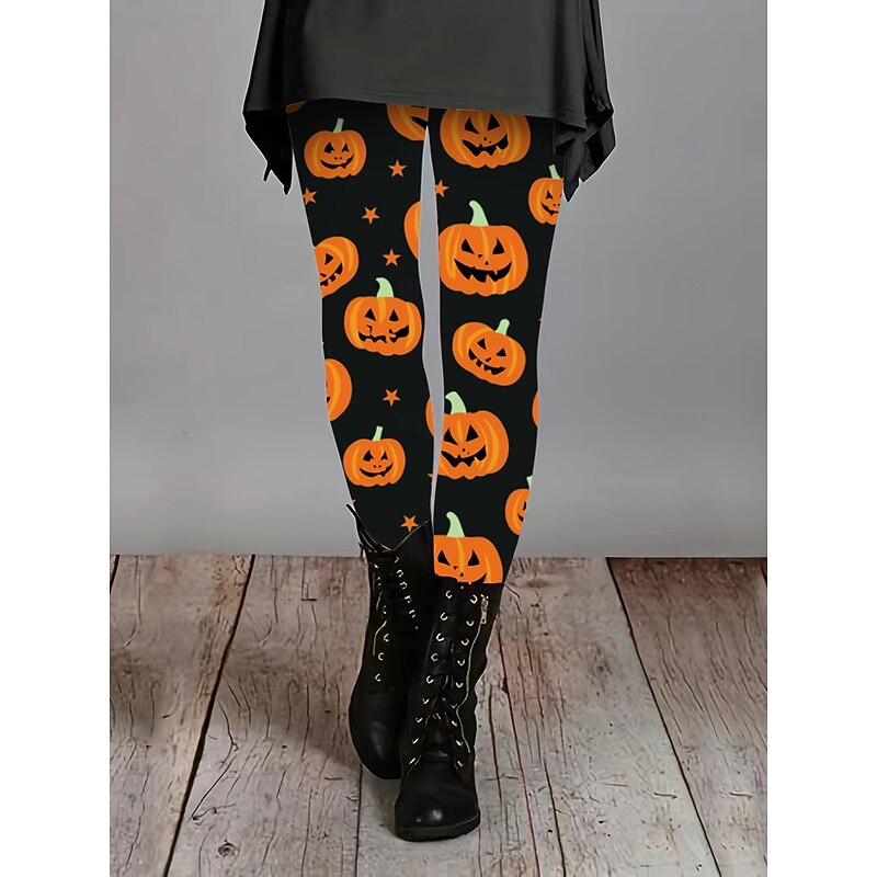 Women's Leggings Vacation Vintage Fashion Ankle-Length High WaistPantsHalloween Graphic Pumpkin Halloween Printing Soft Breathable Stretchy Vacation Street Causal Orange Spring Fall Winter Slim Fit