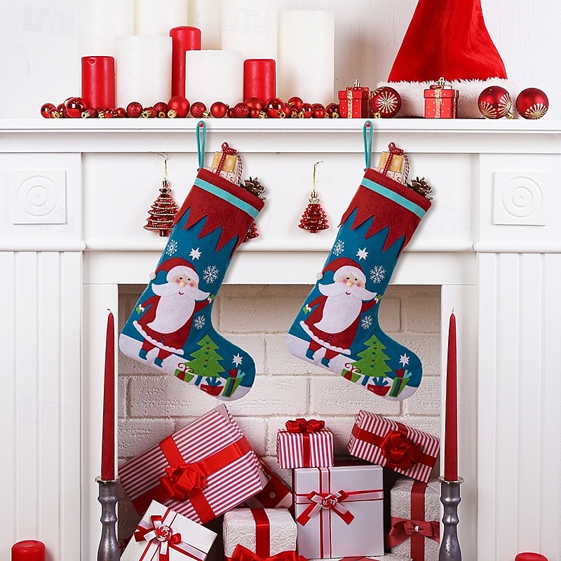 Christmas Stocking Creative Red and Blue Santa Design Nonwoven Fabric Holiday Sock Gift Bag for Christmas Presents Home Fireplace Festive Party Seasonal Decoration Accessory