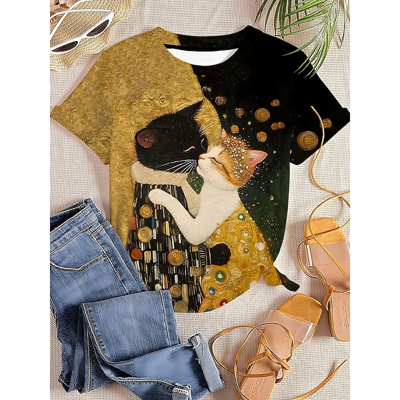 Women's T Shirt Graphic Animal Cat Vintage Stylish Classic Short Sleeve Crew Neck Round Neck Regular Tops Daily Weekend Print Gold Summer Spring Fall2