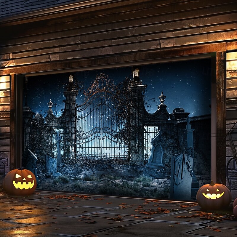 Halloween Garage Door Cover Large Hanging Backdrop Castle 3D Dark Punk Gothic Style Party Outdoor Shooting Backgrounds Front Door Home Decor3