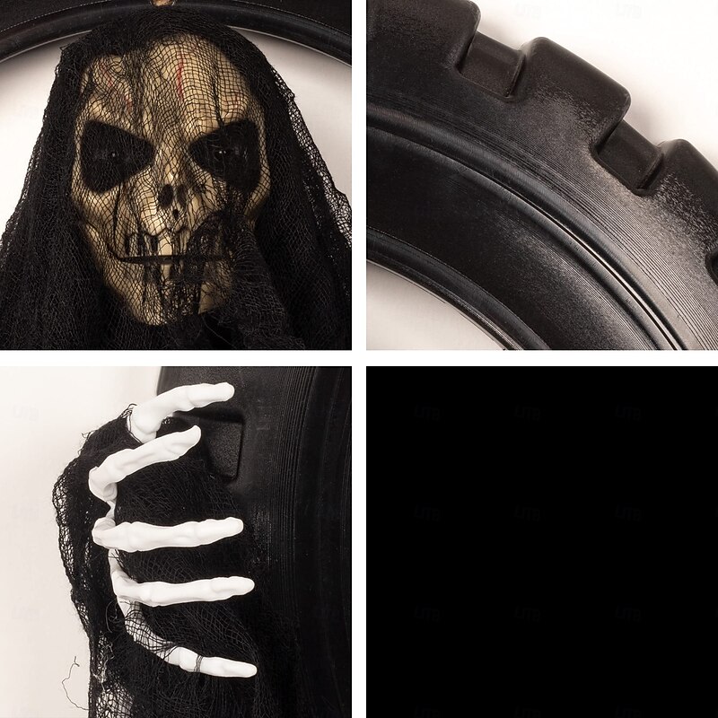 Animated Halloween Wreath Decoration Prop for Front Door Talking and Moving Black Grim Reaper Haunted House Decor4