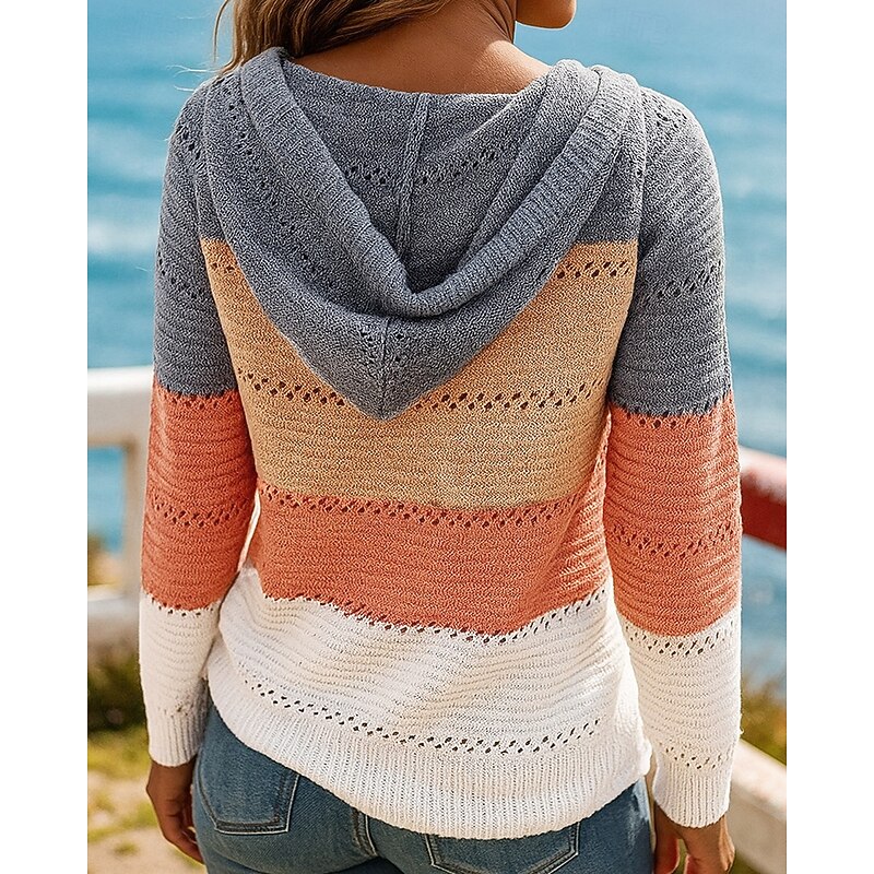 Women's Pullover Hoodie Knitted Sweatshirt Drawstring Long Sleeve Top Athleisure V Neck Color Block Fashion Outdoor Travel Sports Sportswear Activewear Blue and White Wine Red Black2