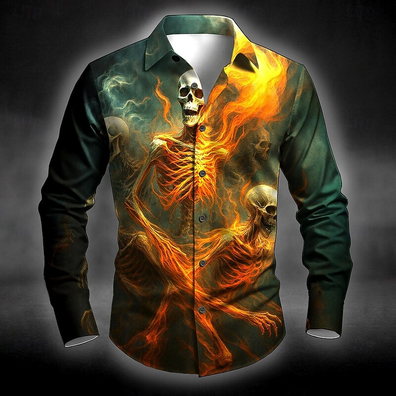 Halloween Men's Skull Flame Halloween Costumes Shirt Button Up Shirt Long Sleeve Dark Punk Gothic Style Outdoor Holiday Summer Spring Turndown 3D Print Collared Shirts Red Blue Dark Green