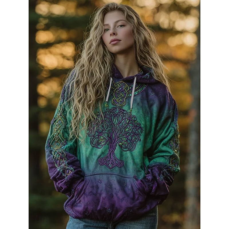Women's 3D Print Vintage Boho Hoodie Patchwork Hoodie Sweatshirt Floral Pullover Sweatshirt Graphic Tribal Casual Long Sleeve Hooded  Party Evening Wear Street Dailywear Green Spring Fall Winter - Main Image