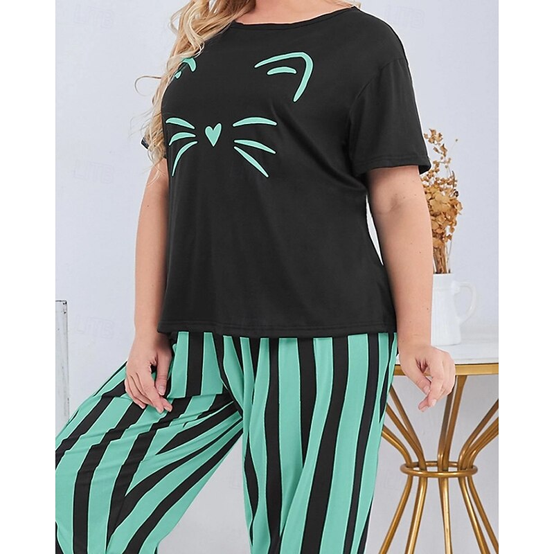 Women's Active Blouse Pants Sets Short Sleeve Crew Neck Cat Striped Print Vacation Casual Daily Black Yellow Pink Fall Regular Fit3