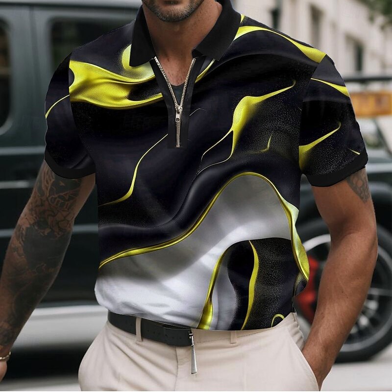 Men's Geometic Line Zip Polo Shirts Short Sleeve Polo Shirts Collared Shirts Casual Athleisure Daily Wear 3D Print Summer Yellow Blue Orange4