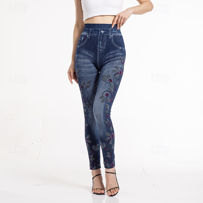 Women's Slacks Leggings Cozy Leggings Streetwear Casual Full Length Natural Flower Pocket Printing Comfortable Outdoor Vacation Street Blue Fall Regular Fit