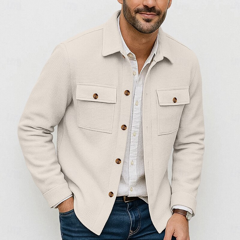 Men's Lightweight Jacket Waffle Jacket Shirt Jacket Casual Jacket Vacation Casual Breathable Pocket Button-Down Spring Fall Plain Fashion Classic Lapel Regular Black White Wine Dark Green Khaki Jacket2