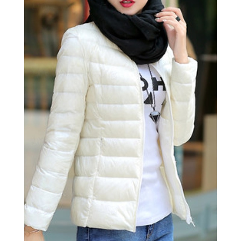 Women's Down Jacket Warm Comfortable Zipper Pocket Casual Plain Outdoor Going out Weekend Zipper Regular Stand Collar Regular Fit Long Sleeve Outerwear Black White Red Fall Winter