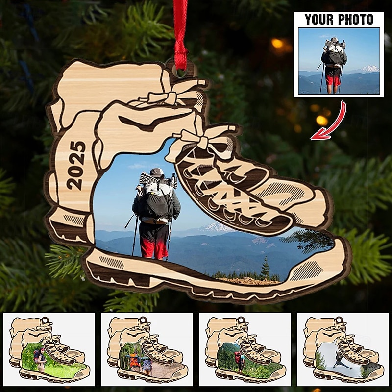 Personalized Photo Christmas Hiking Boots Ornament Wooden Custom Christmas Gift Idea For Camping Lover Xmas Tree Ornaments Decoration Hanging Pendant