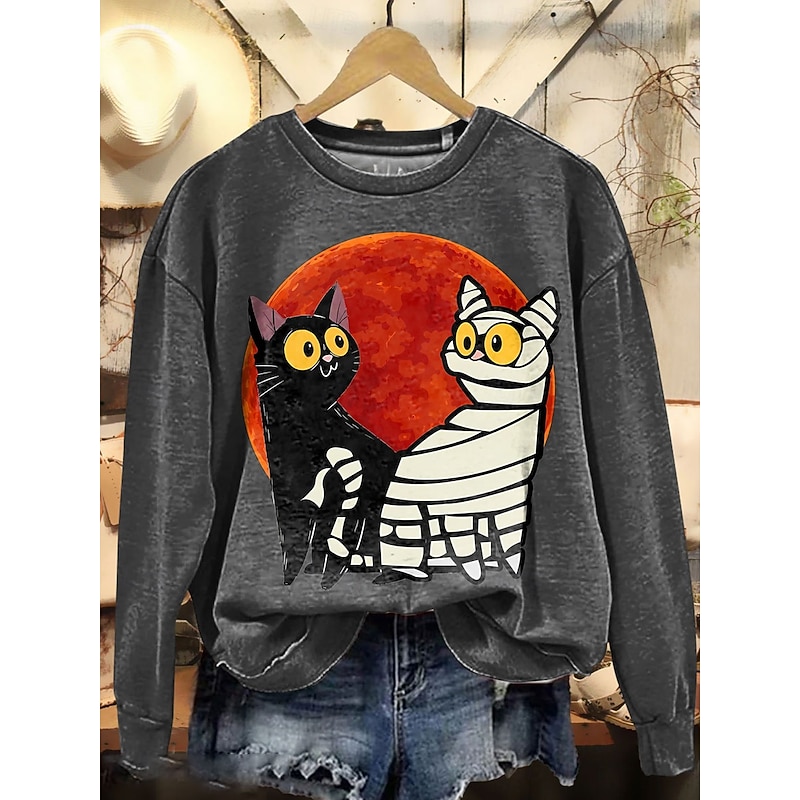 Halloween Women's Pullover Black Cat Graphic Cat Casual Long Sleeve Crew Neck Regular Tops Street Dailywear Casual Print Purple Orange Gray Spring Fall Winter2