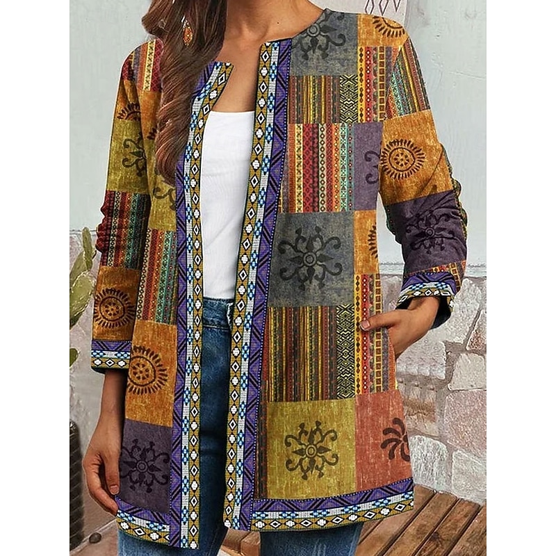 Women's Winter Coat Casual Jacket Warm Quick Dry Pocket Open Front Modern Floral Casual Daily Casual Daily Long Crewneck Regular Fit Long Sleeve Outerwear Black Orange Spring Fall