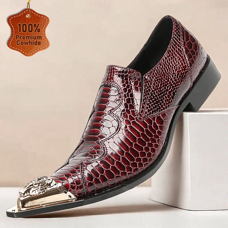 Men's Burgundy Crocodile Pattern Leather Dress Shoes with Metal Pointed Toe, Elegant Slip-On Loafers for Banquets, Business Events and Special Occasions