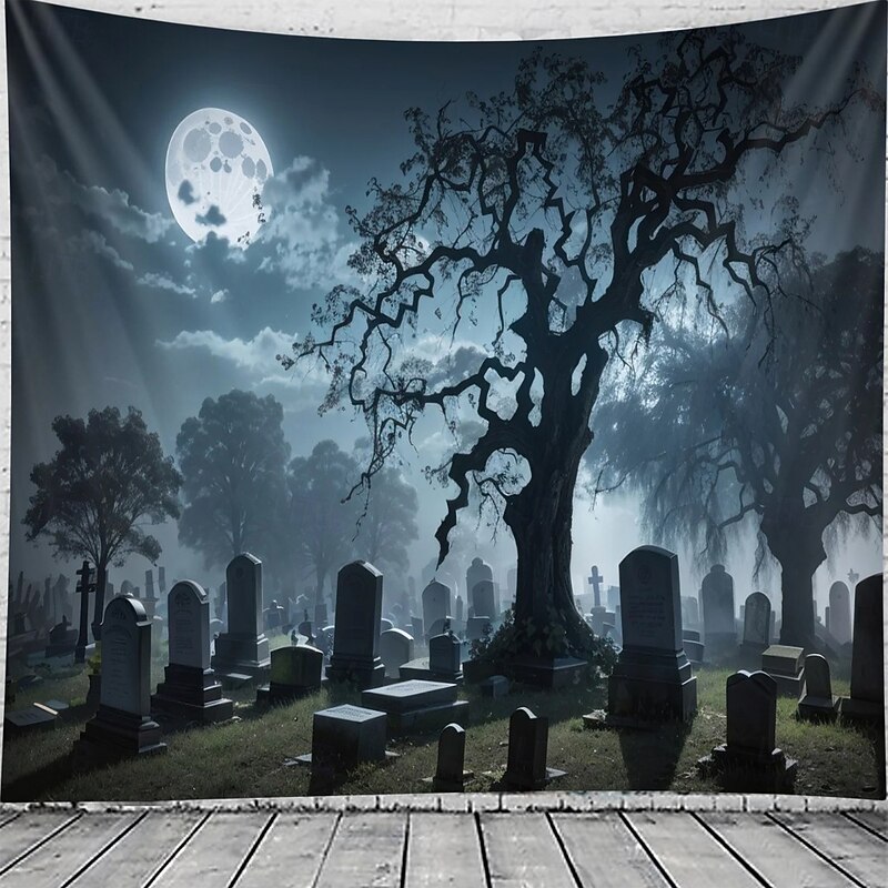 Halloween Cemetery Wall Tapestry Backdrop – Spooky Graveyard Scene with Full Moon and Haunted Tree, Gothic Wall Hanging for Home, Party, Photography2