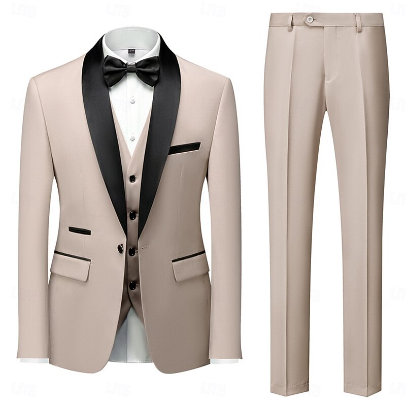 Men's Wedding Business Party Suits Shawl Lapel Beige Formal Solid Colored Slim Fit 3 Piece Single Breasted One-button