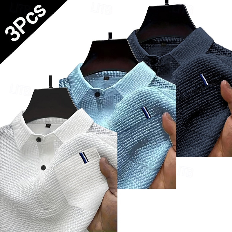 Multi Packs 3pcs Men's Lapel Short Sleeves White / Black / Blue Button Up Polos Golf Shirt Golf Polos Shirts Jacquard Plain Vacation Daily Wear Polyester Summer