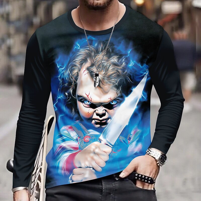 Halloween Men's Ghost T Shirt Long Sleeve T shirt 3D Print Crew Neck Shirt Fashion Exaggerated Street Casual Daily Black Summer Spring Fall Clothing Apparel S M L XL XXL XXXL
