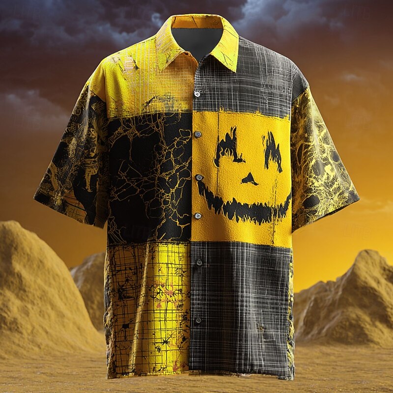 Halloween Men's Color Block Pumpkin Patchwork Shirt Summer Shirt Button Up Shirt Short Sleeve Dark Gothic Style Holiday Streetwear Summer Spring Turndown 3D Print Collared Shirts Yellow Blue Orange4