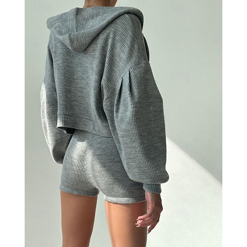 Women's Active Fashion Blouse Shorts Sets Long Sleeve Hooded Solid Color Zipper Vacation Casual Daily Black White Wine Summer Regular Fit3