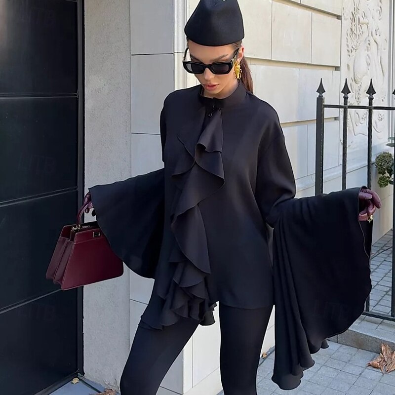 Women's Shirt Plain Elegant Stylish Basic Long Sleeve Bell Sleeve Regular Tops Daily Holiday Ruffle Black Wine Summer Spring Fall4
