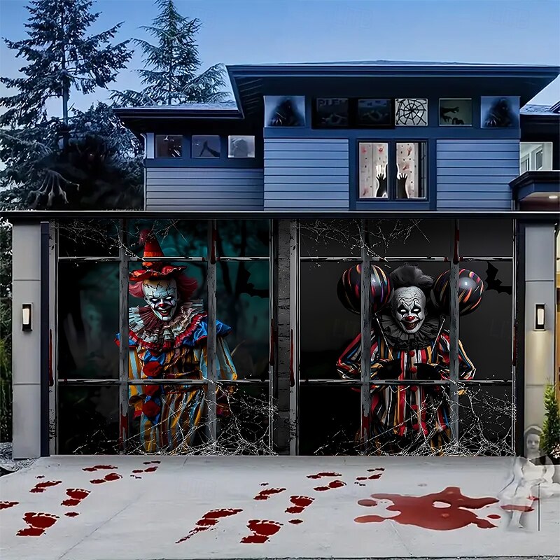 Halloween Garage Door Cover Large Hanging Backdrop Clown Zombie Containment Unit Dark Punk Gothic Style Party Outdoor Shooting Backgrounds Yard Haunted House Home Decor