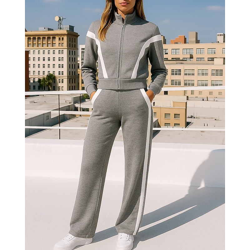 Women's Sweatpants Zip Up Tracksuit Sportswear with Pocket Stripes Clothing Suit Fall Black White Outdoor Travel Sports High Waist Fashion Long Sleeve Sport Activewear Micro-elastic Regular Fit4