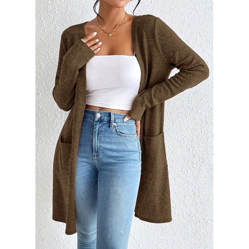 Women's Winter Coat Comfortable Knitting Open Front Fashion Minimalism Plain Outdoor Vacation Home Office Long V Neck Regular Fit Long Sleeve Outerwear Black Brown Grey Spring Fall3