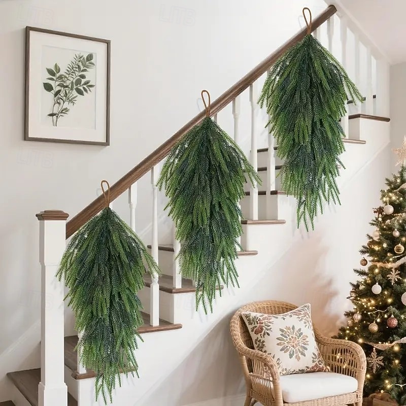 2pcs Christmas Artificial Pine Swags – 26.4-Inch (67cm) Extra Long Realistic Norfolk Green Teardrop Garland for Indoor & Outdoor Holiday Decor – Perfect for Doors, Tables, Fireplaces, and Thanksgiving3