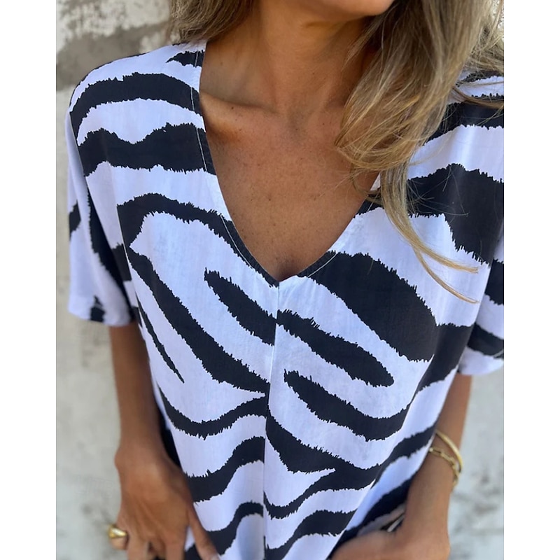 Women's Blouse Leopard Modern Casual Short Sleeve V Neck Regular Tops Holiday Going out Print White Navy Blue Camel Dark Gray Gray Summer3
