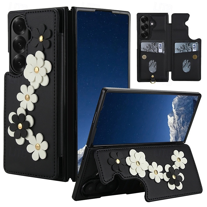Phone Case For Samsung Galaxy Z Fold 7 Z Fold 6 Z Fold 5 Z Fold 4 Wallet Case Flip Cover with Stand Holder with Lanyard Shockproof Retro Flower Floral TPU PC PU Leather3