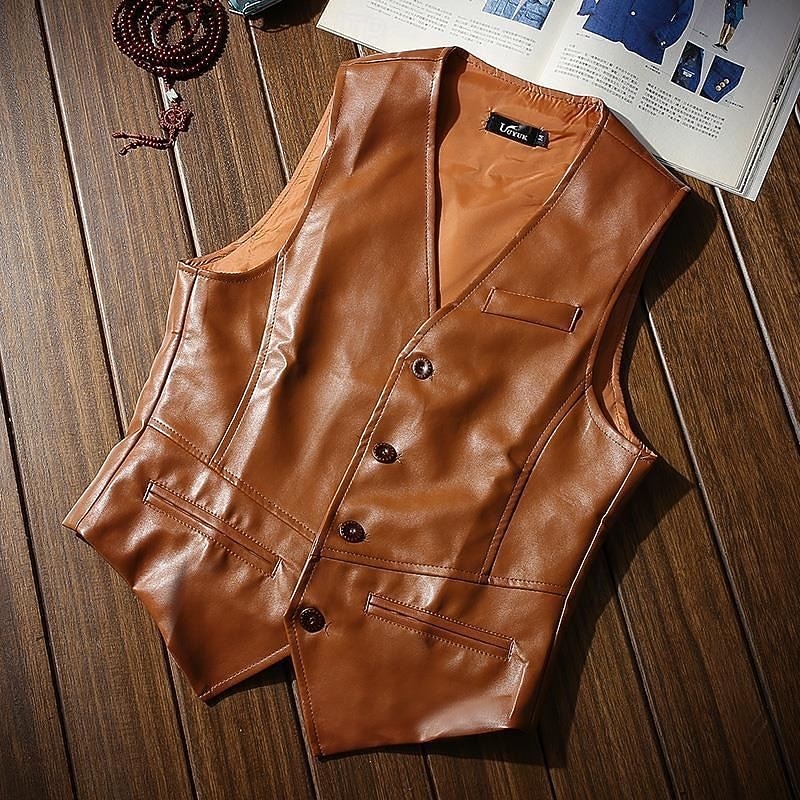 Men's Vest Waistcoat Faux Leather Vest Casual Daily Western Style Spring Fall Pocket Buttons Polyester PU Leather Comfortable Plain Herringbone Single Breasted V Neck Slim Fit Black Brown Vest2