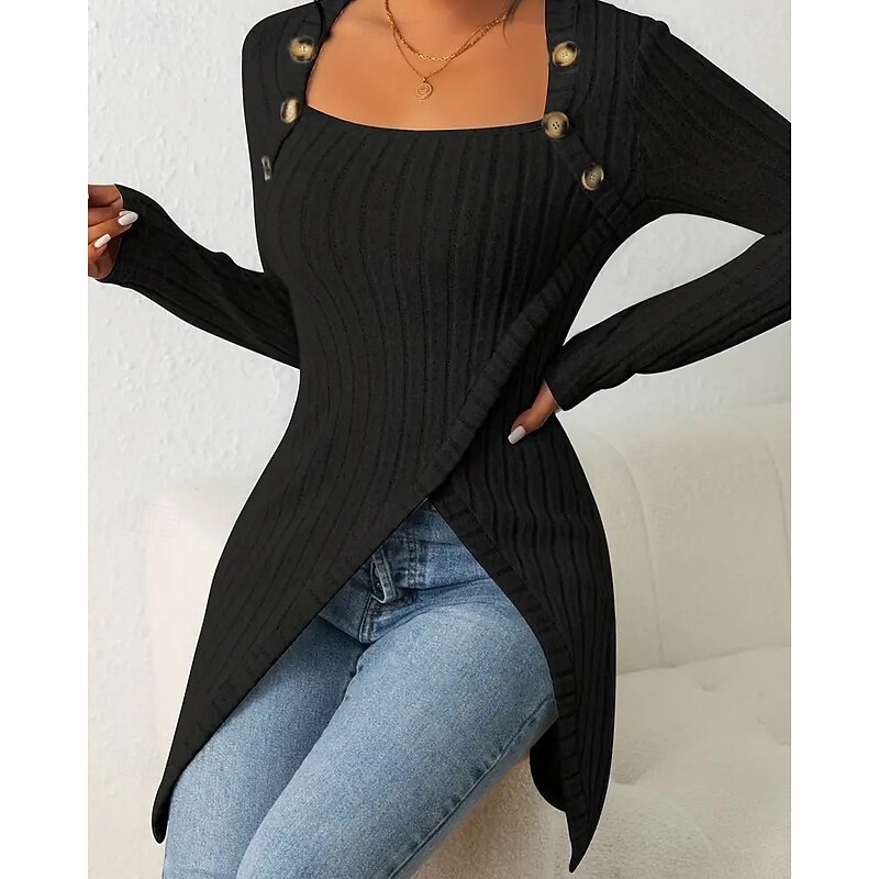 Women's T Shirt Tee Top Solid Color Elegant Fashion Long Sleeve Square Neck Regular Tops Daily Weekend Buttons Asymmetrical Black Brown Rose Pink Gray Spring Fall2