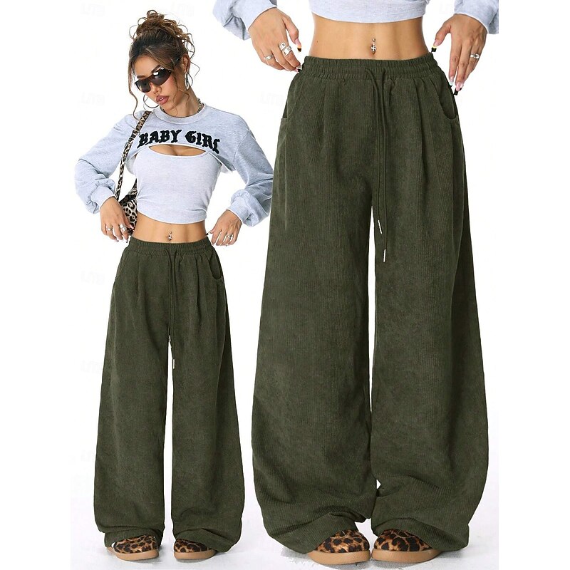 Women's EU / US Size Wide Leg Pants Trousers Comfort Casual / Sporty Full Length Mid Rise Solid Colored Drawstring Pocket Wide Leg Soft Comfortable Micro-elastic Athleisure Casual Daily Black 1# Army3
