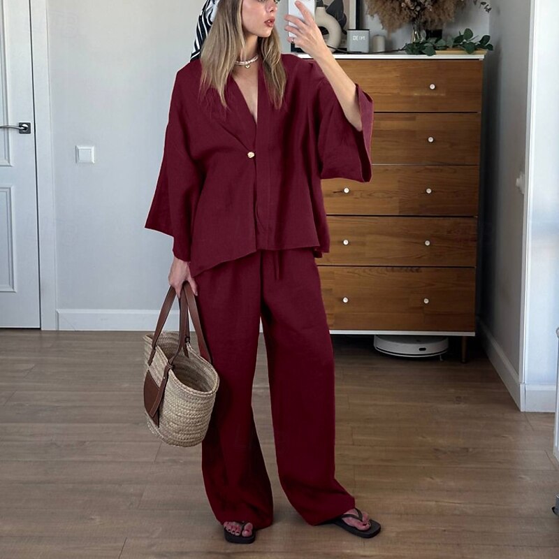 Women's 100% Cooton Elegant Vacation Vintage Pants Sets Long Sleeve Bell Sleeve V Neck Plain Vacation Casual Holiday Red Summer Loose Fit2