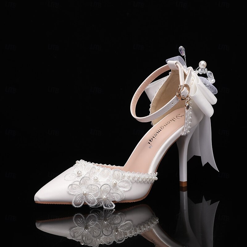 Women's Wedding Shoes White Shoes Dress Shoes Wedding Party Floral Wedding Heels Bridal Shoes Bridesmaid Shoes Bowknot Buckle Flower Stiletto Pointed Toe Fashion PU Buckle White2