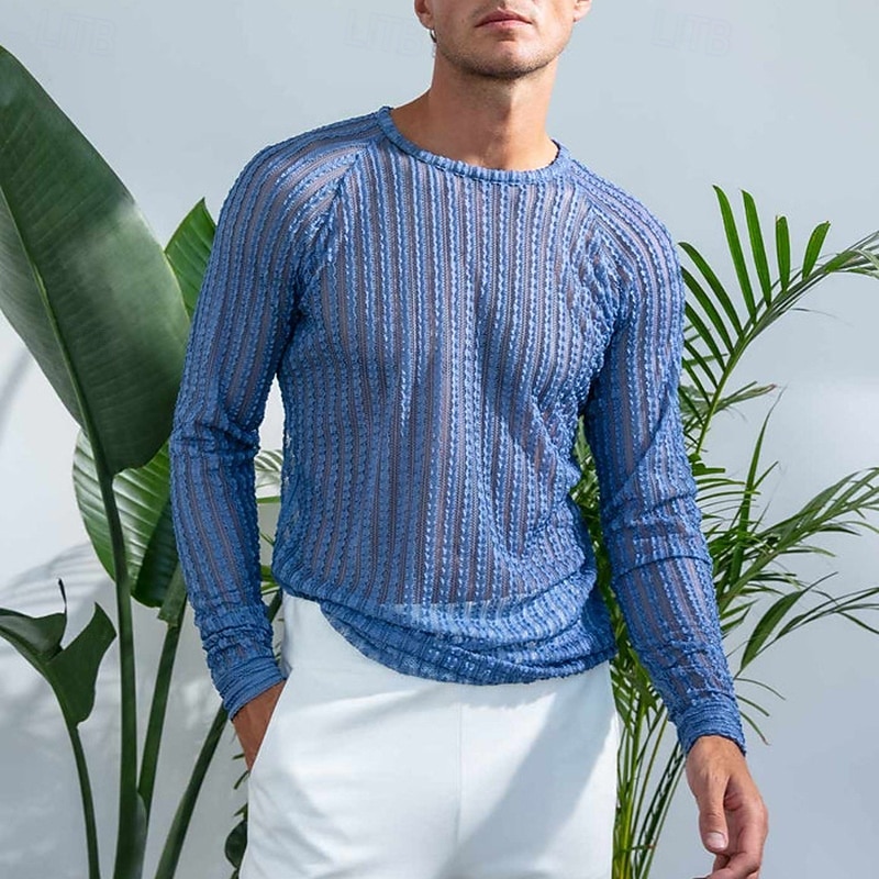 Men's T Shirt Tee Tee Top Long Sleeve Shirt Long Sleeve Crew Neck Summer Spring Plain Fashion Designer Basic Jacquard Vacation Street Going out Blue Top Tee for Men