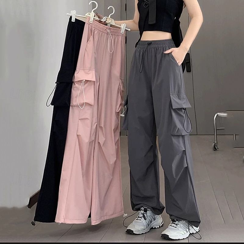 Women's Cargo Pants Slacks Casual Athletic Full Length Natural Plain Drawstring Pocket Comfortable Street Holiday Daily Wear Wine Grey Black Pink Fall Regular Fit