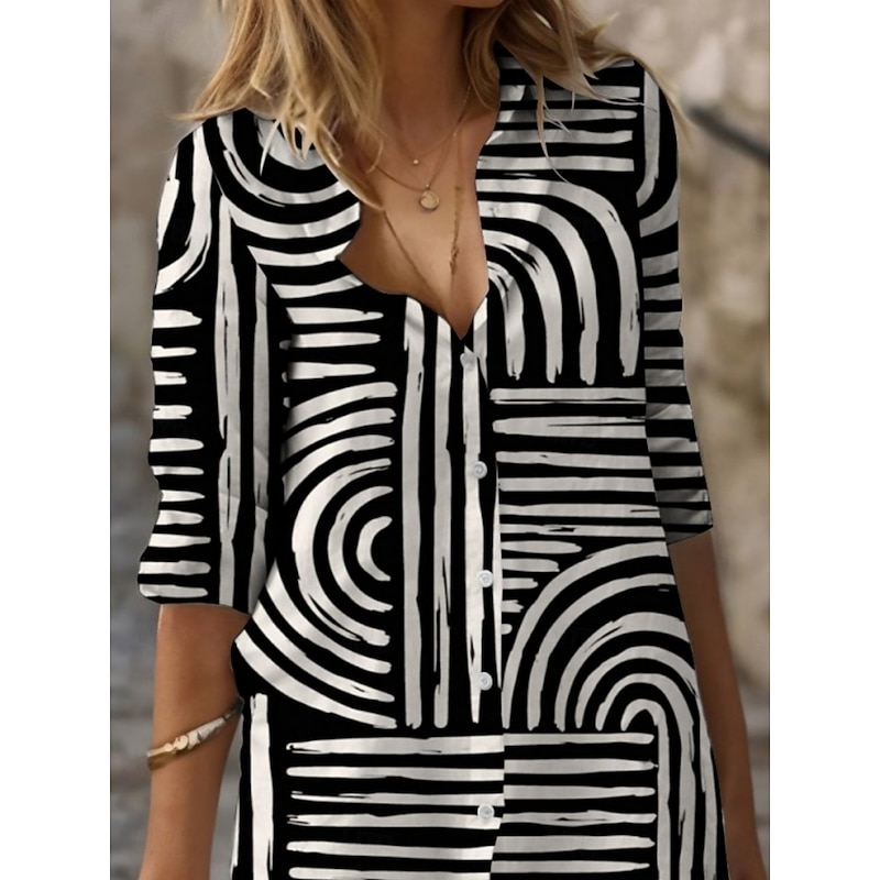 Women's Mini Dress Shirt Dress Casual Dress Print Dress Fashion Modern Outdoor Daily Weekend Regular Fit Line 3/4 Length Sleeve Shirt Collar Black Summer Spring Fall Autumn3