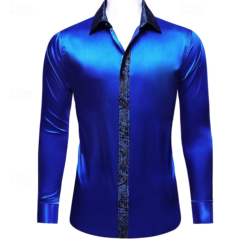 Men's Shirt Silk Like Satin Shirt Casual Shirt Button Up Shirt Prom Shirt Plain Formal Wedding Blue Long Sleeve Lapel Spring &  Fall All Seasons Clothing Apparel Patchwork2