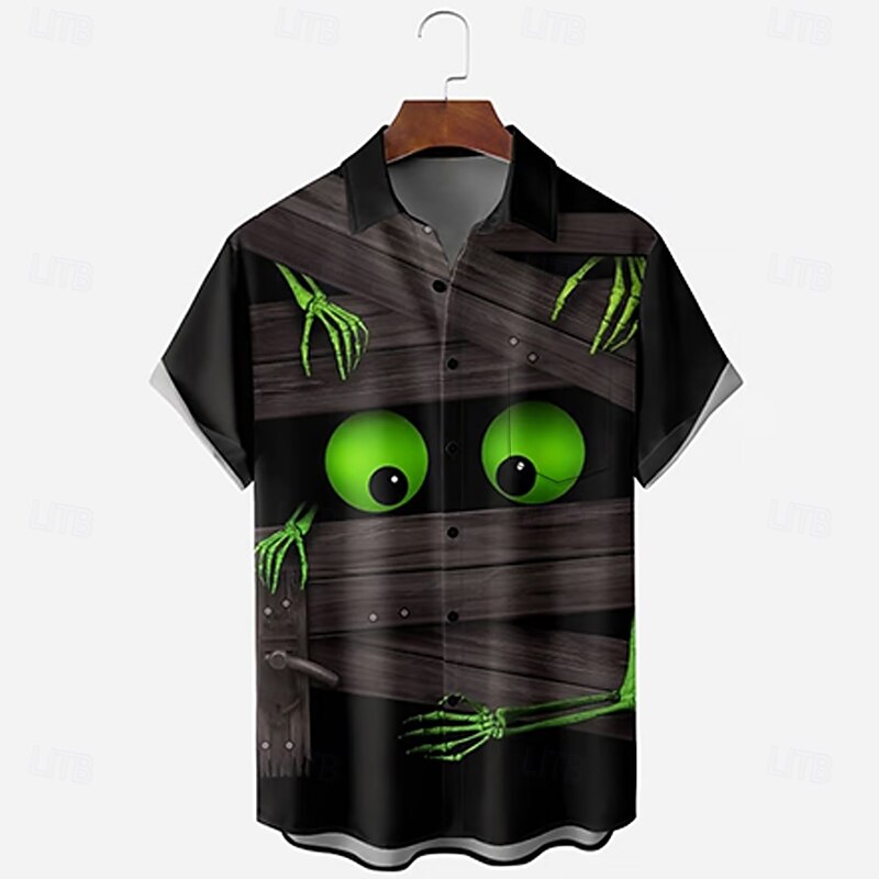 Halloween Men's Big Eyes Halloween Costumes Shirt Button Up Shirt Short Sleeve Dark Punk Gothic Style Outdoor Vacation Summer Spring Turndown 3D Print Collared Shirts Front One Pocket Black