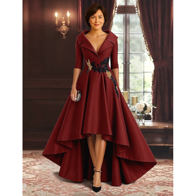 Red Black A-Line Mother of the Bride Dress Elegant High Split Shirt Collar Asymmetrical Satin 3/4 Length Sleeve with Appliques 2025
