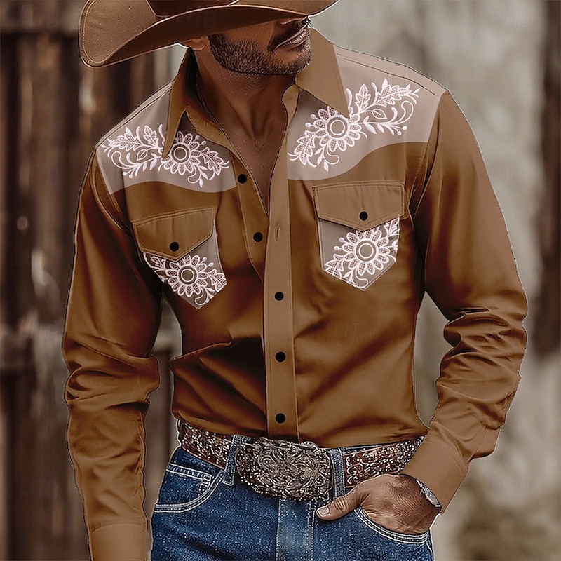 Men's Floral Print Ethnic Flowers Shirt Western Shirt Cowboy Shirt Long Sleeve Vintage Retro Outdoor Casual WorkWear Summer Spring Fall Turndown Front Two Pockets Button Up Shirts Light Pink Brown3