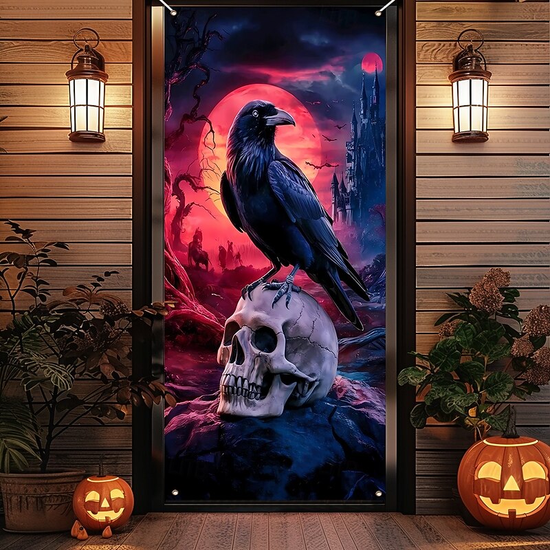 Halloween Door Cover Outdoor Banners Skeleton Crow Psychedelic Dark Punk Gothic Style Party Outdoor Shooting Backgrounds Front Door Wall Porch Home Decor4