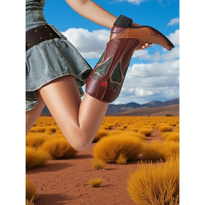 Women's Brown & Tan Cowboy Boots with Heart Detailing -Chic Western Style Footwear for Urban Fashion4